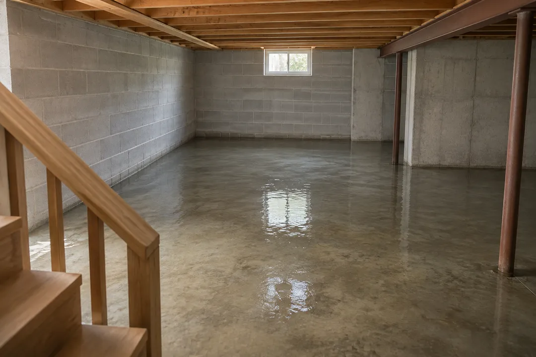 Basement water across a concrete floor beneath a small daylight window.