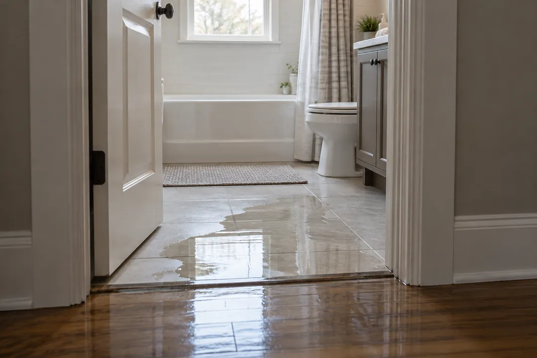 Shallow water on bathroom tile near the hallway threshold.