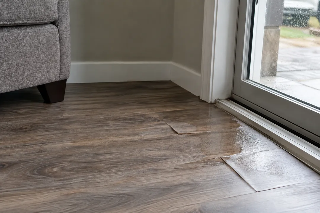 Raised laminate seams and a damp edge near a sliding door.