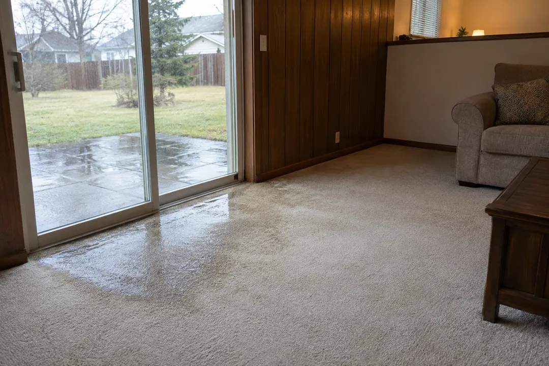 Damp carpet beside a family-room patio-door threshold.