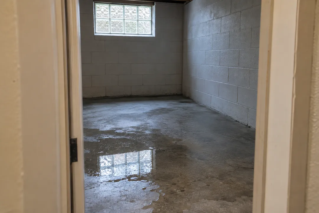 A shallow puddle at a basement utility-room threshold.