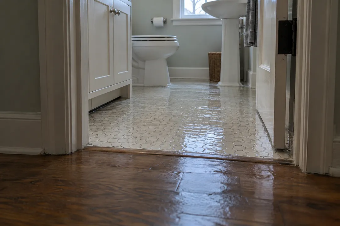 Water on hexagonal bathroom tile near the doorway.