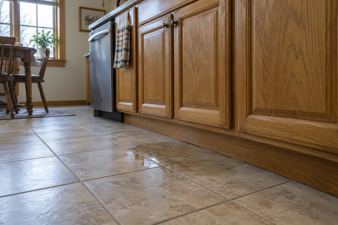 A shallow puddle on kitchen tile beside oak cabinets.