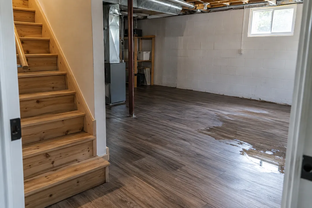 Shallow water on lower-level flooring beside wooden stairs.