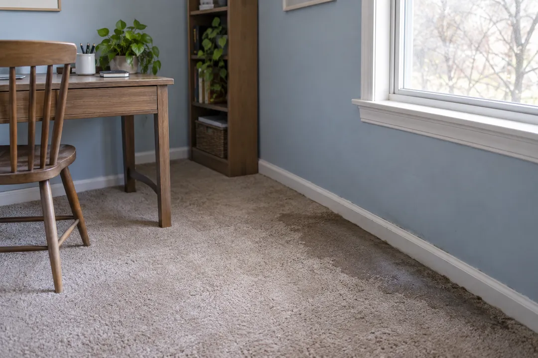 Damp carpet along a home-office window wall.