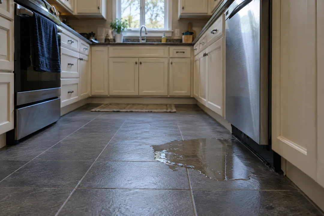 A small puddle on kitchen tile beside a closed dishwasher.