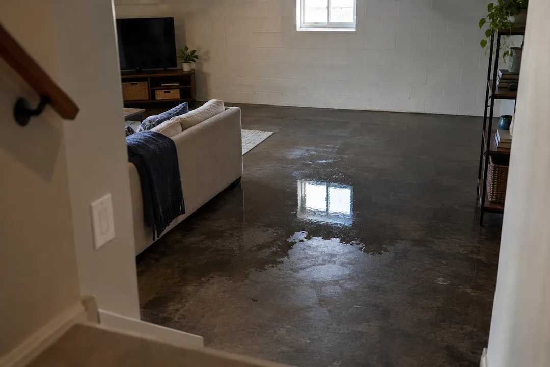 Shallow basement water reflecting a high window on concrete.