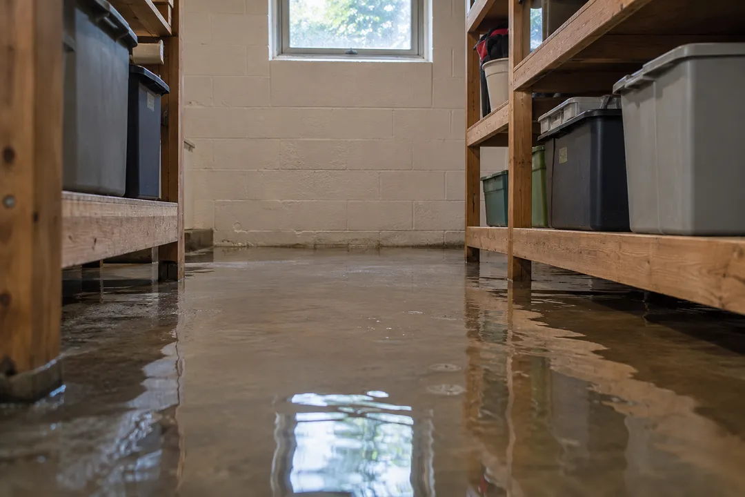 Water on a storage-room floor below raised shelving.