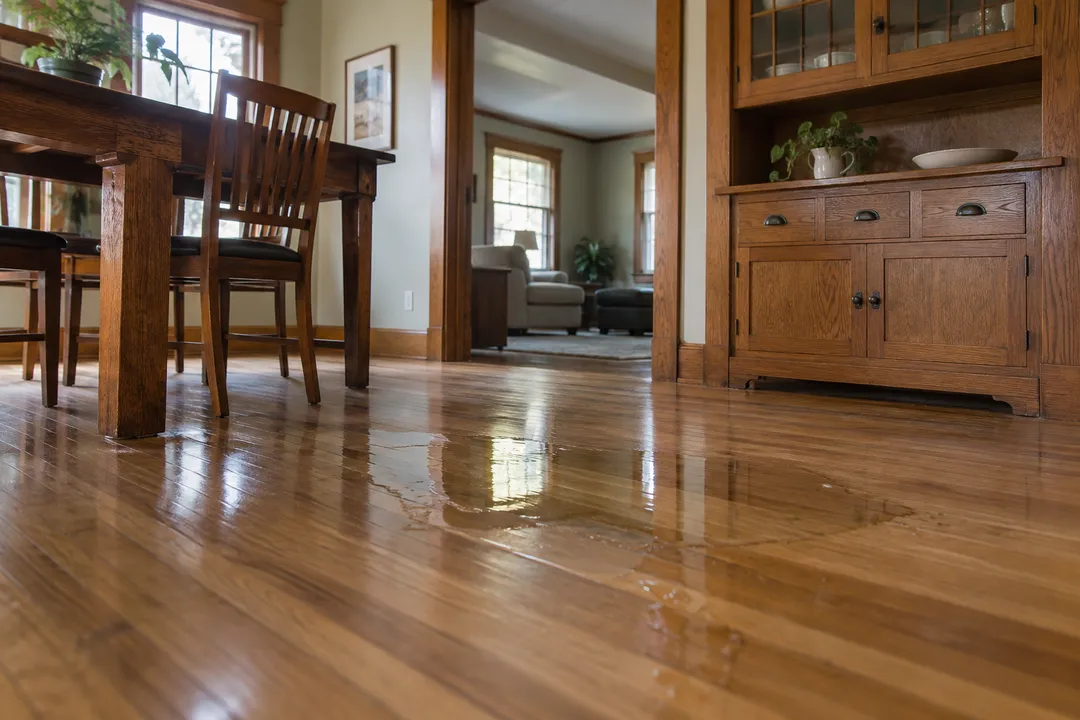 Shallow water beside a dining-room doorway and oak built-in.
