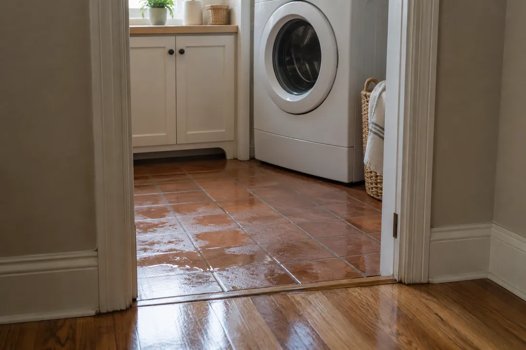 A wet laundry-room tile floor beside a closed washer.