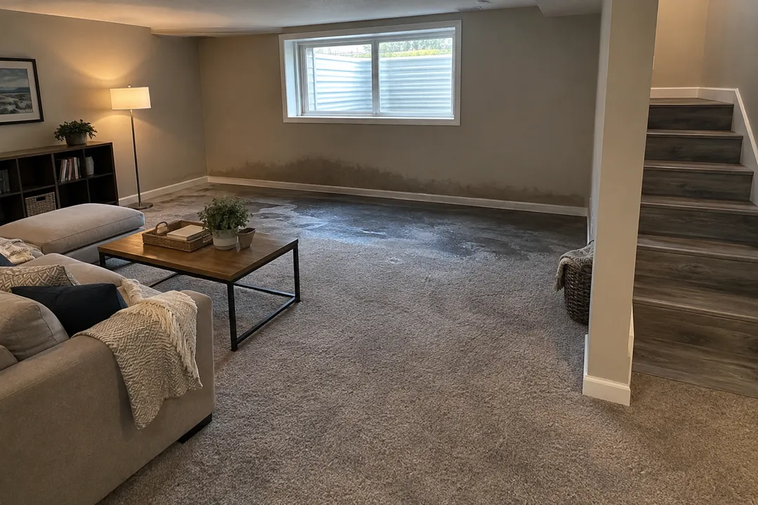 Darkened carpet along the wall of a lower-level room.