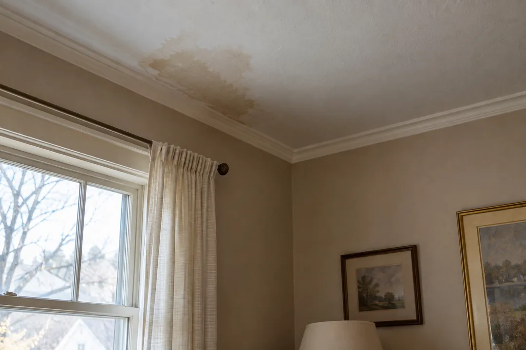 A fresh water stain near a living-room ceiling corner.