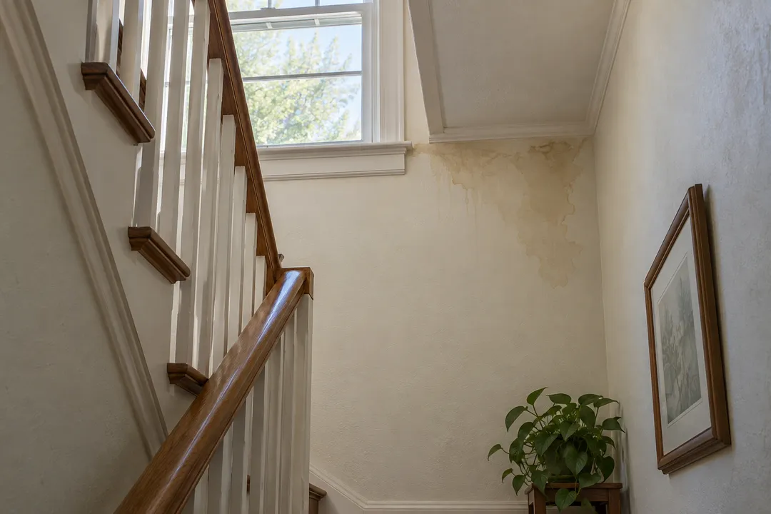 A water stain on plaster beside a wooden stair handrail.