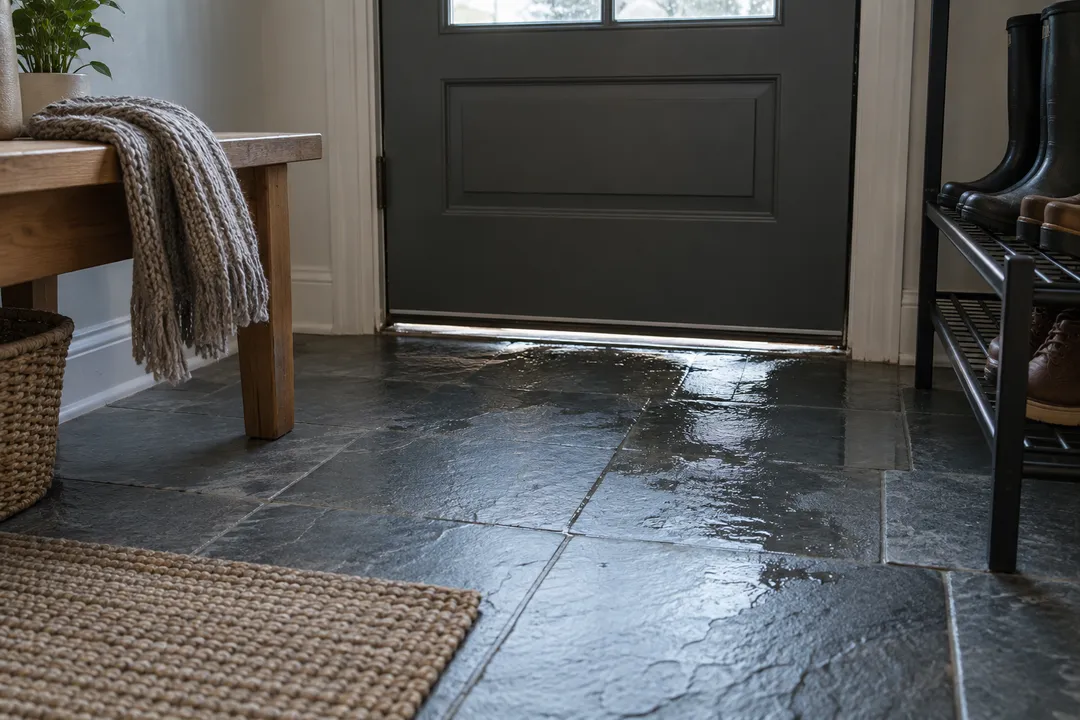 A wet mudroom threshold beside a raised shoe rack.