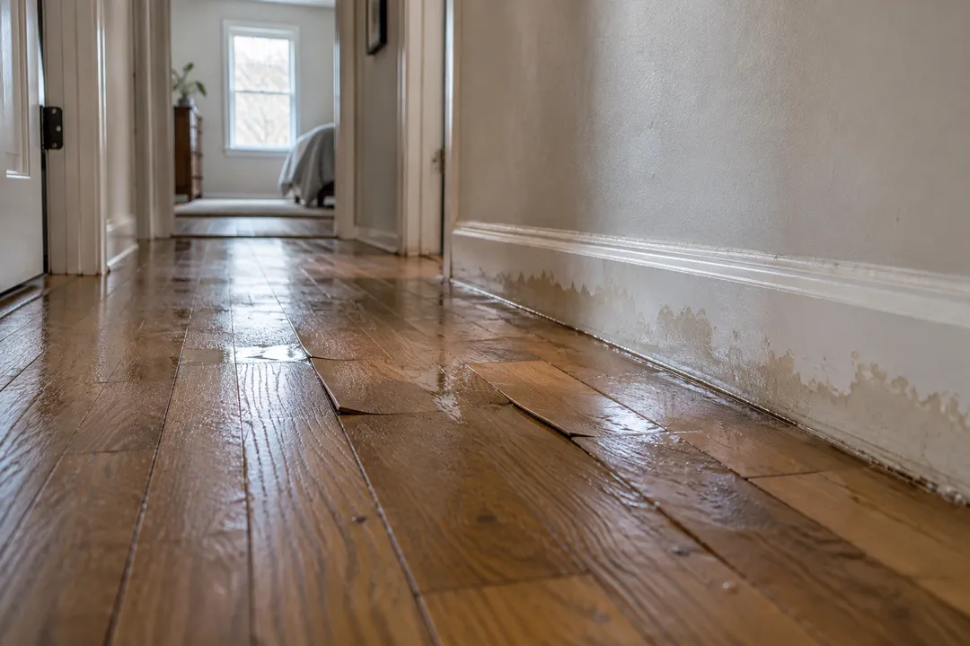 Damp hallway trim and raised seams in wood flooring.