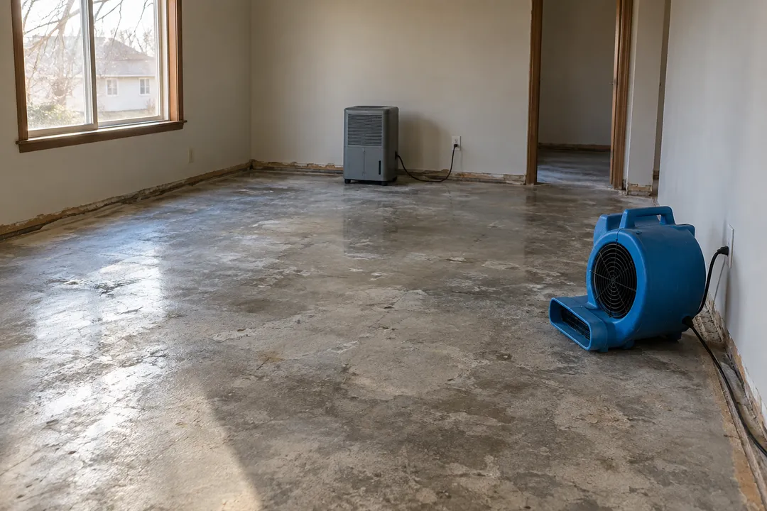 Drying equipment in an empty room with exposed concrete flooring.