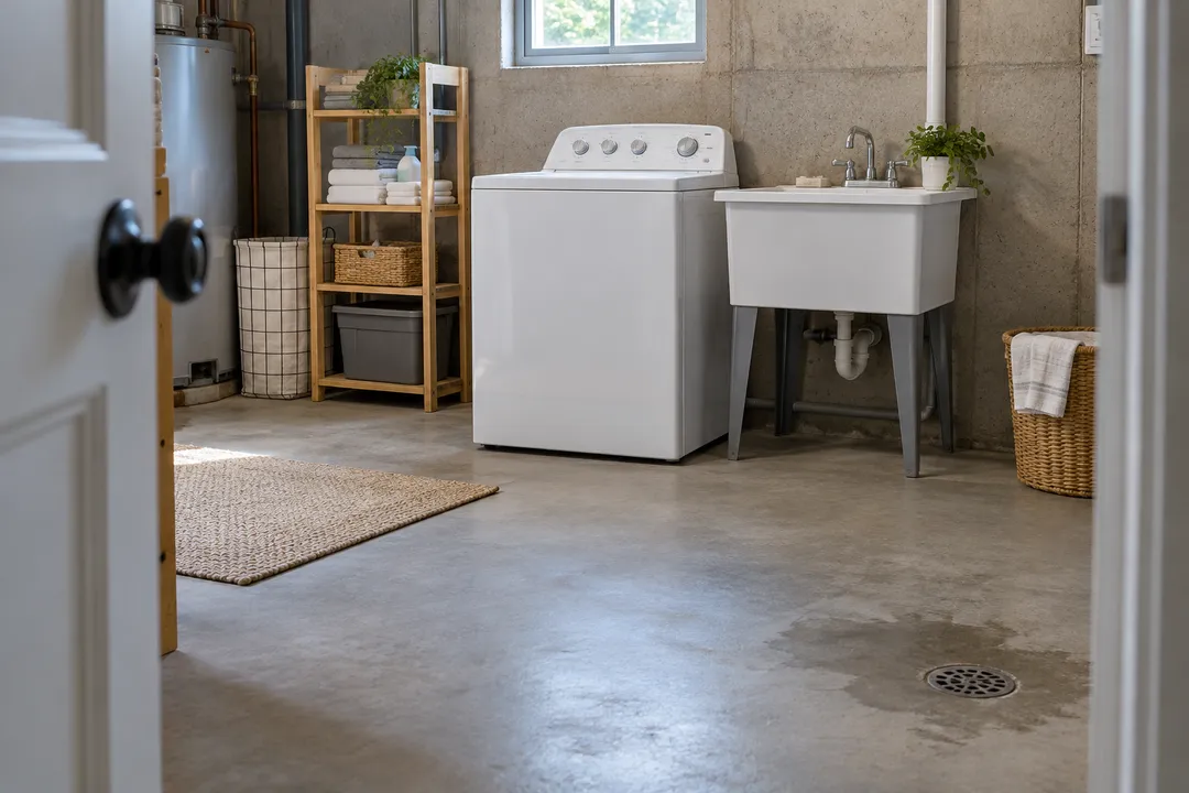 A damp patch around a basement laundry-room floor drain.