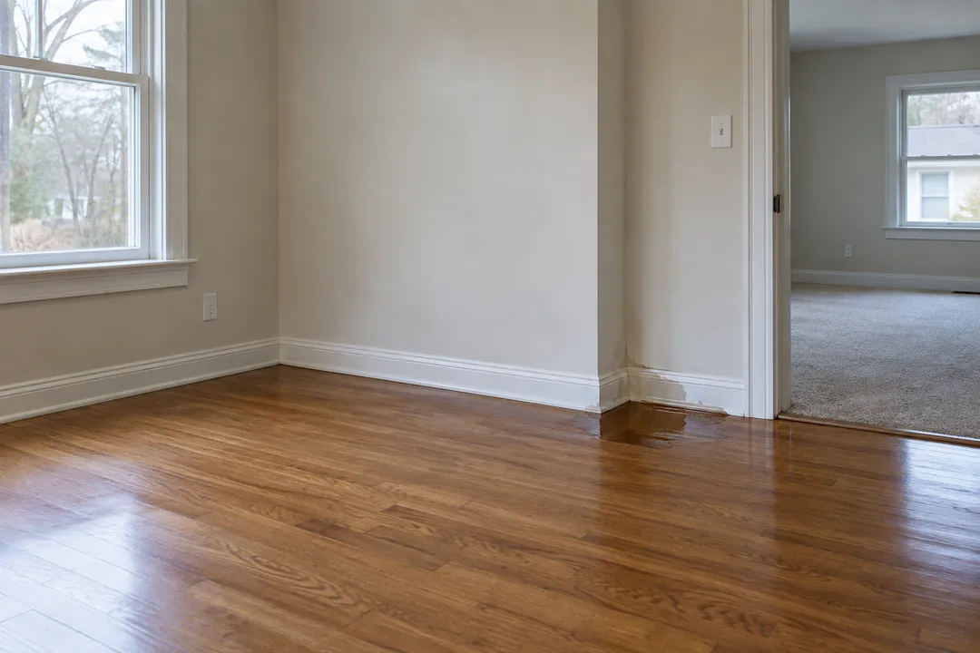 A wet wood-floor edge beside a doorway to a carpeted room.