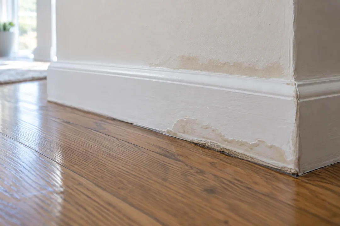 Damp lower wall trim and a slightly swollen wood-floor seam.