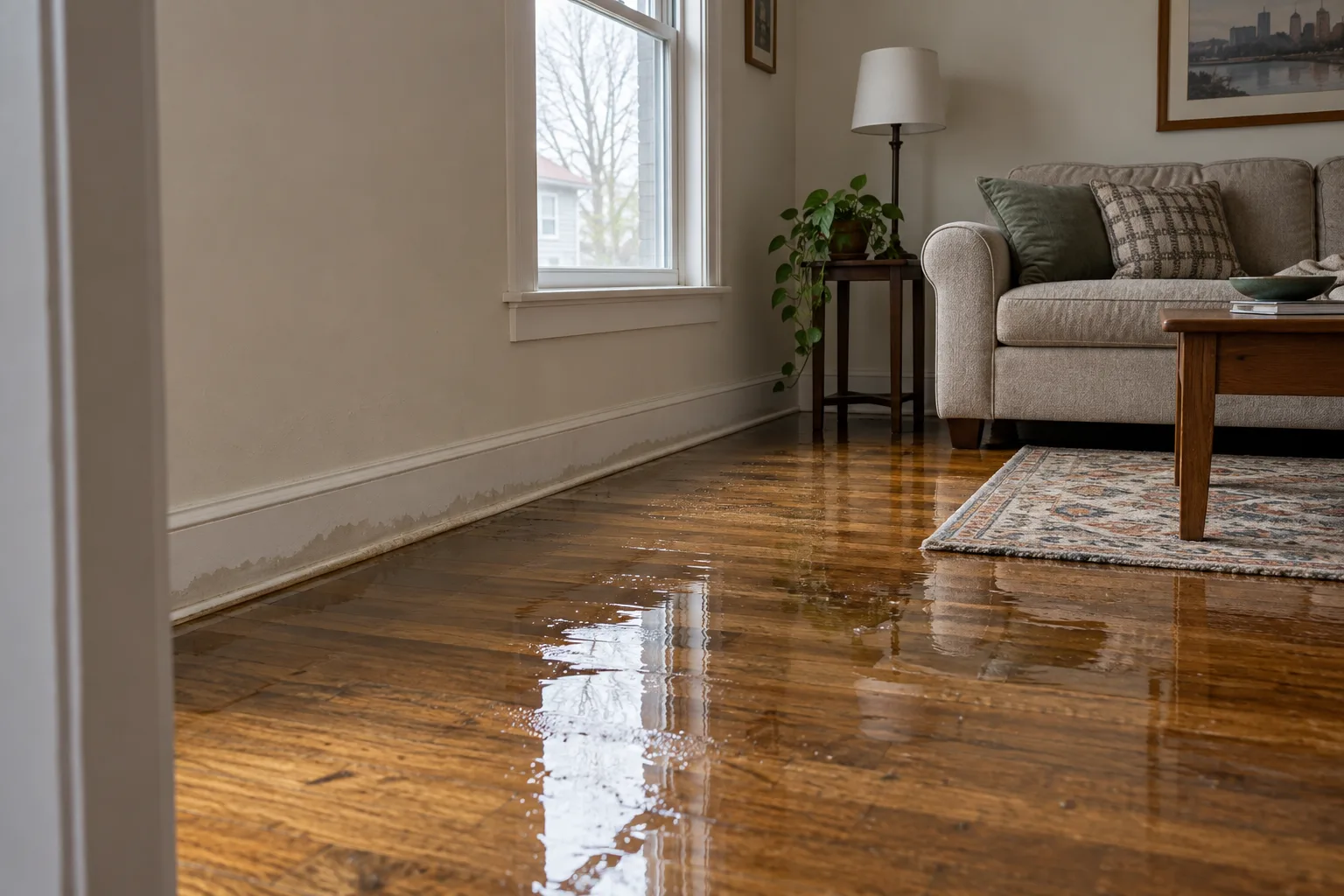 Shallow water across a wood living-room floor beside damp lower wall trim.